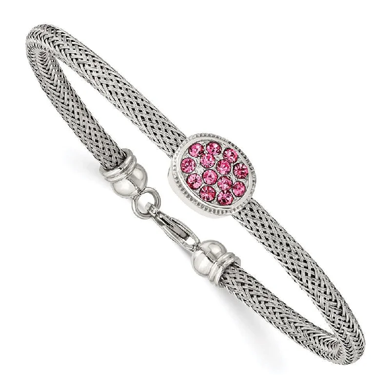 ladies bracelets modern twist-Stainless Steel Polished and Textured Pink Crystal 7.25in. Bracelet