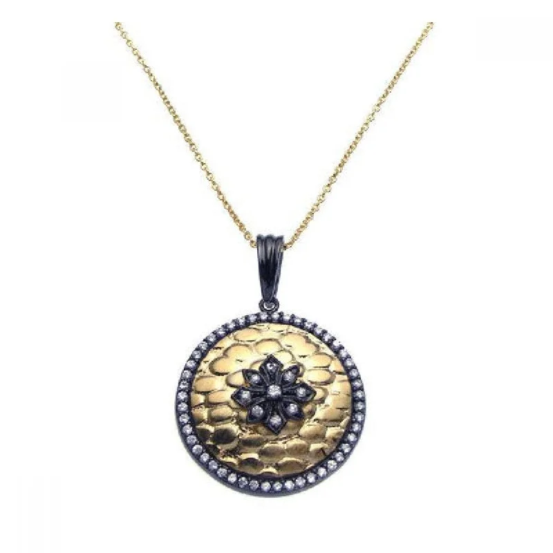 ladies necklaces bohemian-Clearance-Silver 925 Black Rhodium and Gold Plated Clear CZ Circle Round Pendant Necklace - STP00950