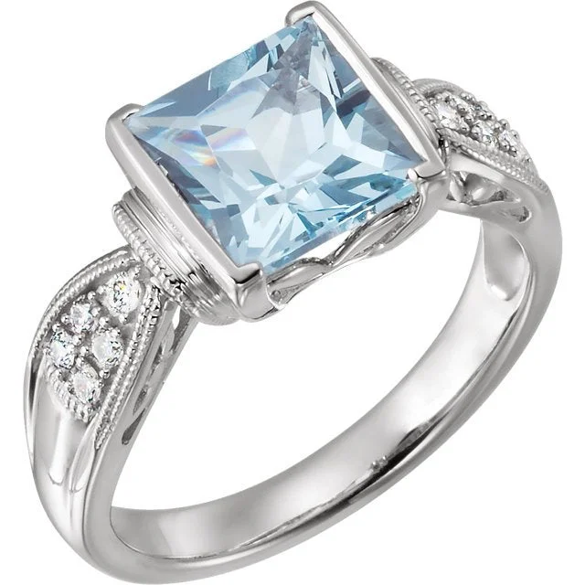 Ladies rings aquamarine gem -14KT WHITE GOLD 2.00 CT AQUAMARINE & 0.13 CTW DIAMOND MILGRAIN RING