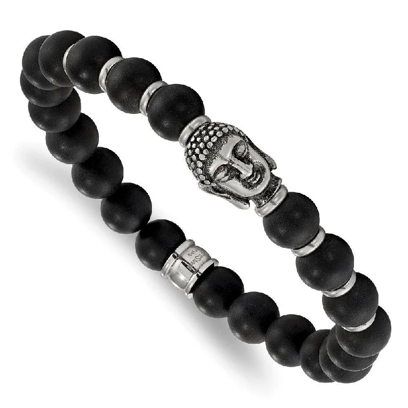 ladies bracelets ruby-Stainless Steel Buddha Black Agate Beaded Stretch Bracelet