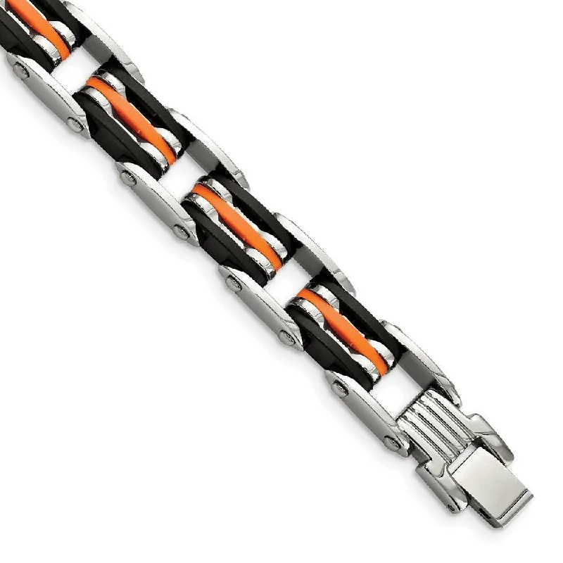 ladies bracelets intricate-Stainless Steel Black & Orange Rubber 8.5in Bracelet