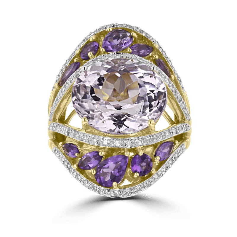 Ladies rings gothic style -14KT YELLOW GOLD KUNZITE, DIAMOND, AND AMETHYST FASHION RING