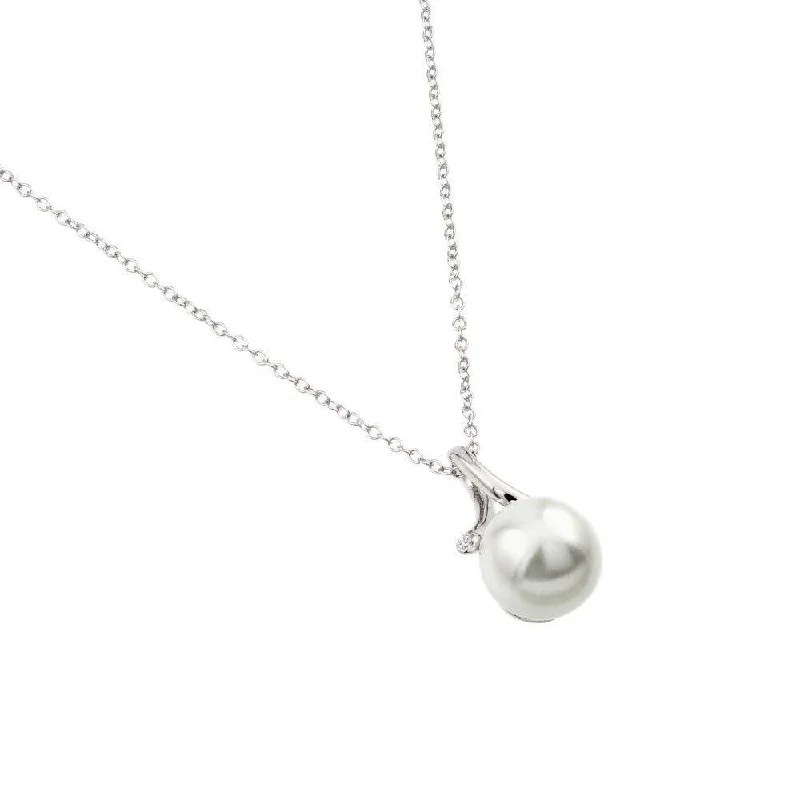 ladies necklaces vintage inspired-Silver 925 Rhodium Plated Single Pearl Pendant Necklace - BGP00975