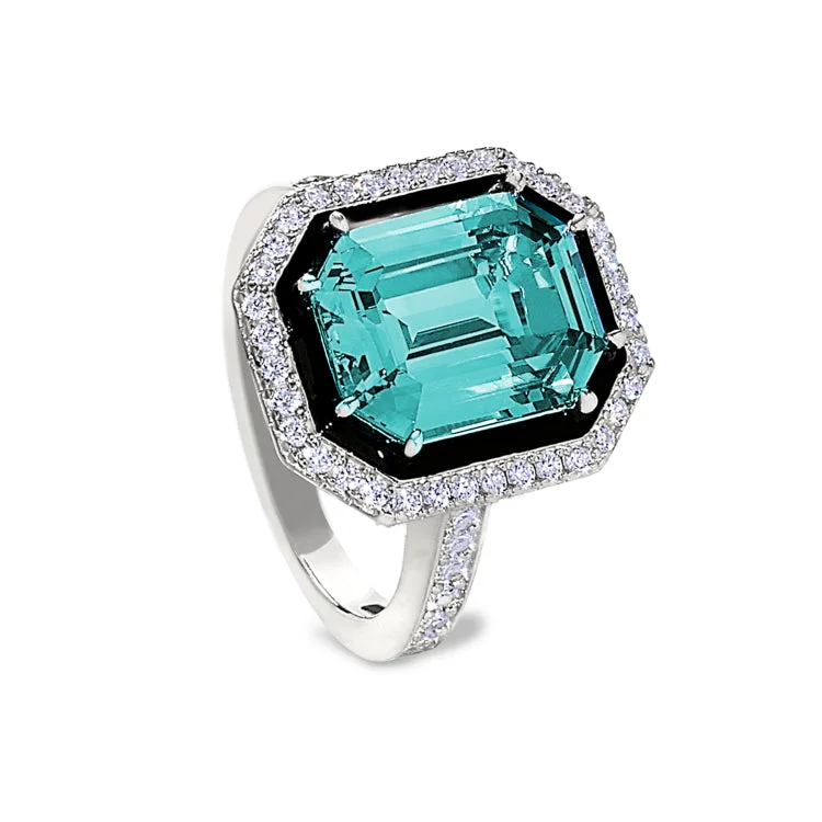 Ladies rings mermaid style -Platinum Finish Sterling Silver Micropave Black Enamel & Aqua Spinel Octagon Ring with Simulated Diamonds - Size 9