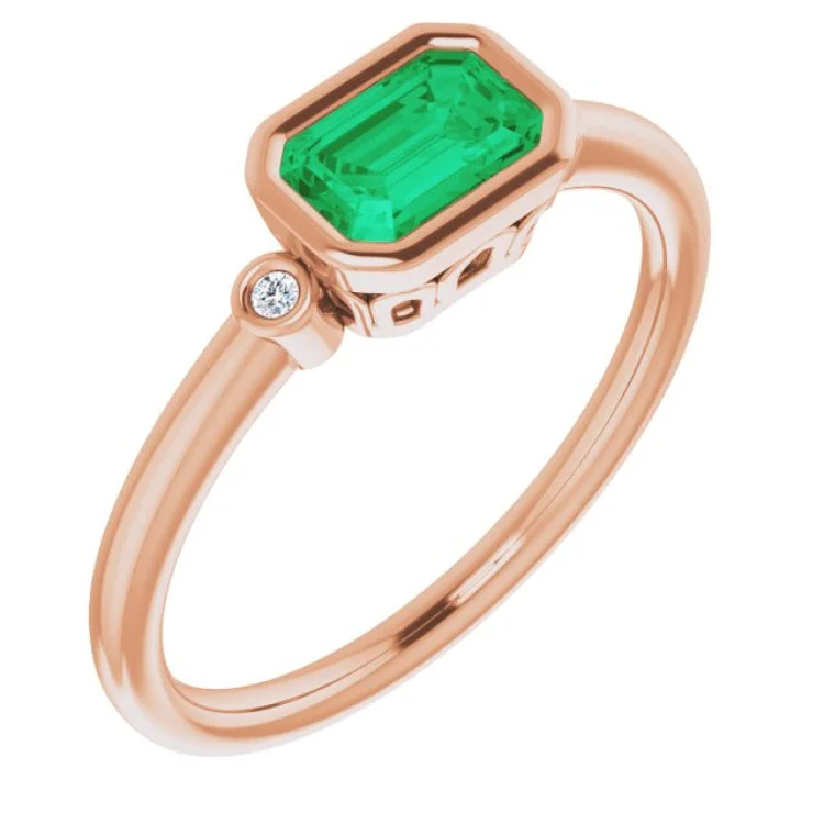 Ladies rings aquamarine gem -14K Rose Lab-Grown Emerald & .02 CTW Natural Diamond Ring