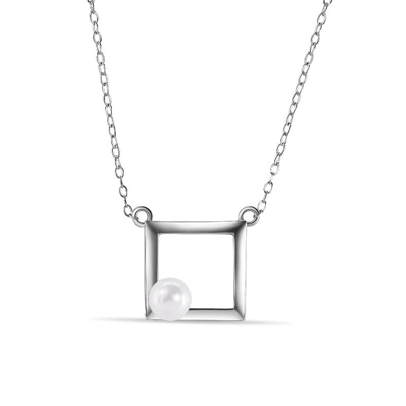 ladies necklaces chakra-Silver 925 Rhodium Plated Open Square Fresh Water Pearl Necklace - STP01491