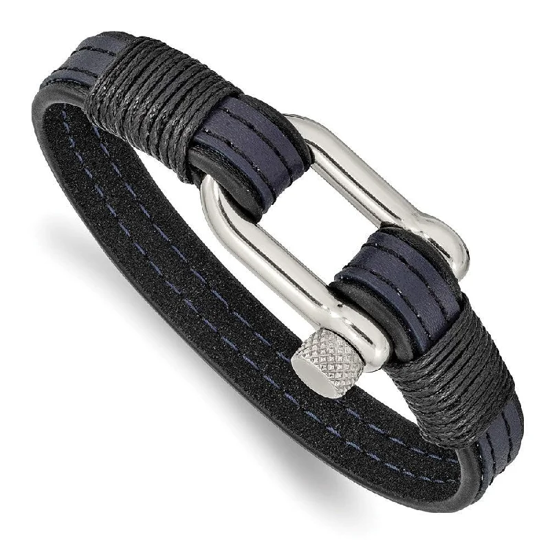 ladies bracelets butterfly-Stainless Steel Polished Black & Blue Leather 8.25in Shackle Bracelet