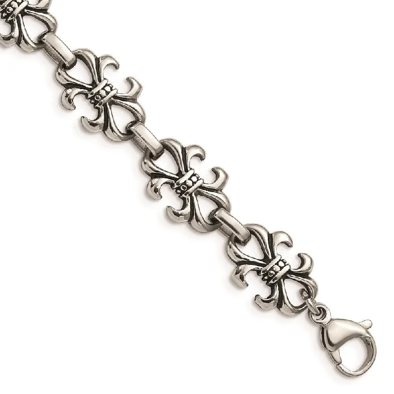 ladies bracelets new-Stainless Steel Polished and Antiqued Fleur de Lis Bracelet