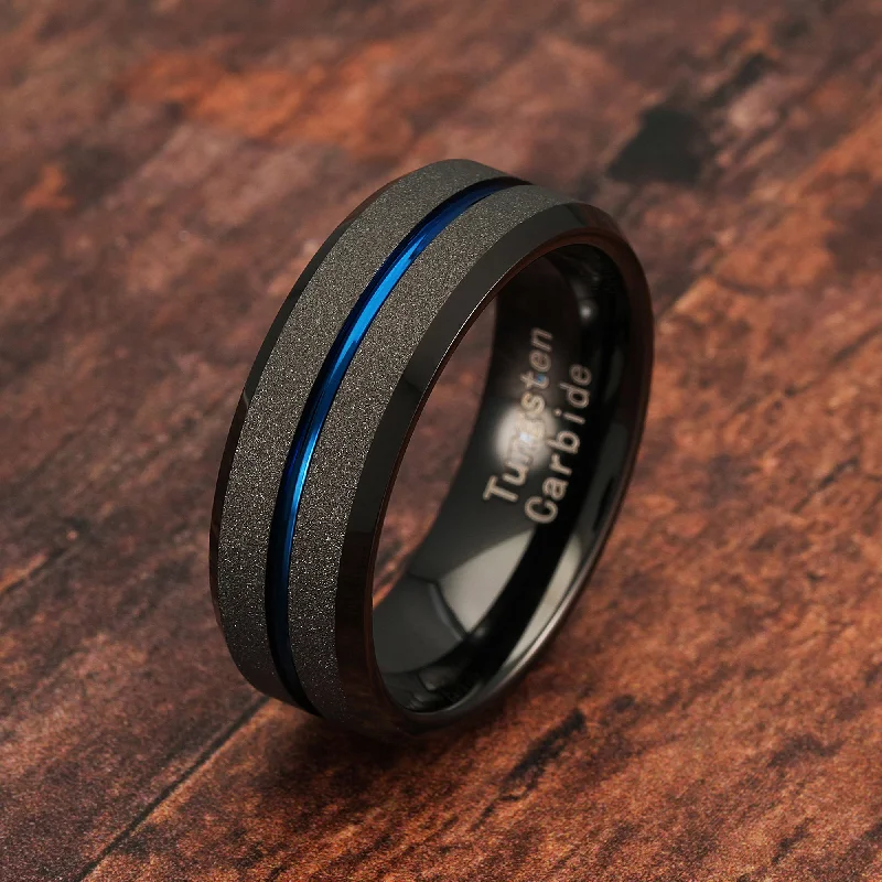 Ladies engagement rings honeymoon style -100S JEWELRY Black SandBlast Finish Beveled Edge Thin Blue Center Line Tungsten Rings For Men Women Wedding Promise Engagement Band Sizes 6-16