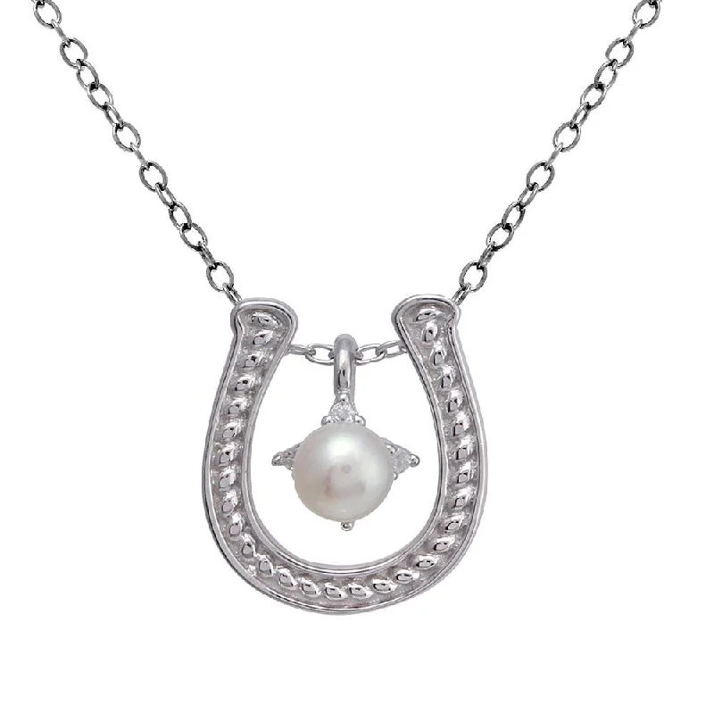 ladies necklaces emerald-925 Sterling Silver Clear Rhodium Plated Horse Shoe Pearl Center Necklace - BGP01374