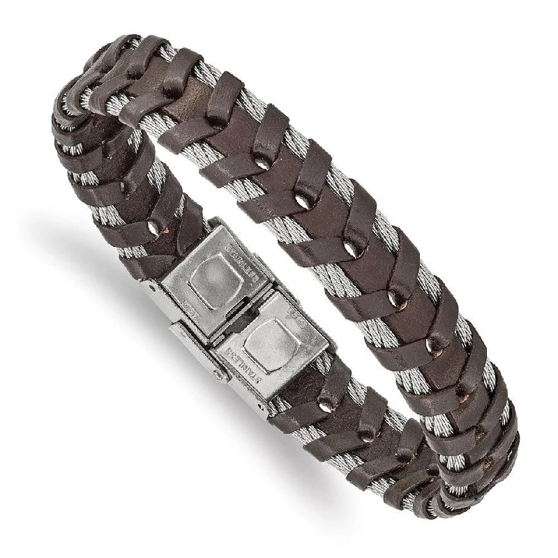 ladies bracelets smooth-Stainless Steel Polished Wire and Brown Leather 8.25in Bracelet