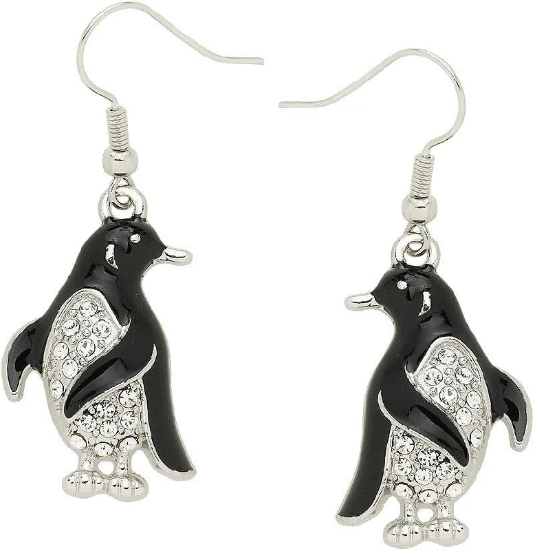 Ladies earrings tiara accent -Penguin Rhinestone & Enamel Earrings