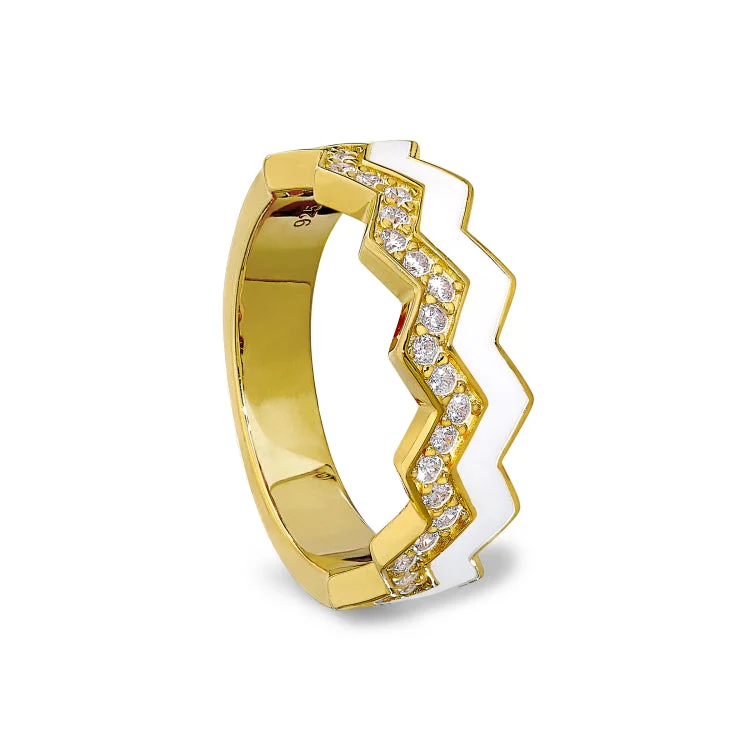 Ladies rings ethnic style -Gold Vermeil Sterling Silver Micropave Ring with with White Enamel and Simulated Diamondss