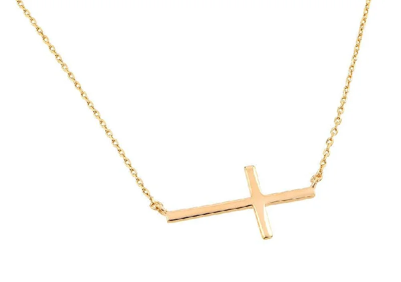 ladies necklaces formal-Silver 925 Gold Plated Plain Sideways Solid Cross Pendant Necklace - BGP00821GP