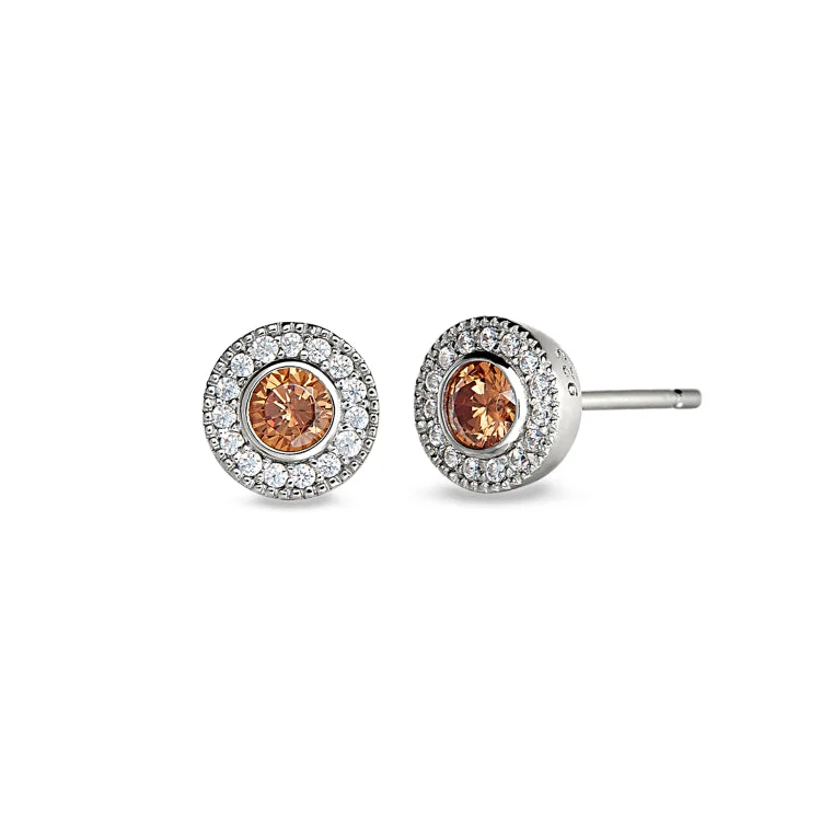 Ladies earrings smoky quartz -Platinum Finish Sterling Silver Micropave Round Simulated Citrine Earrings with Simulated Diamonds