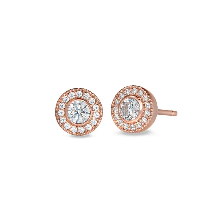 Ladies earrings coral accent -Rose Gold Finish Sterling Silver Micropave Round Simulated Diamond Earrings with Simulated Diamonds