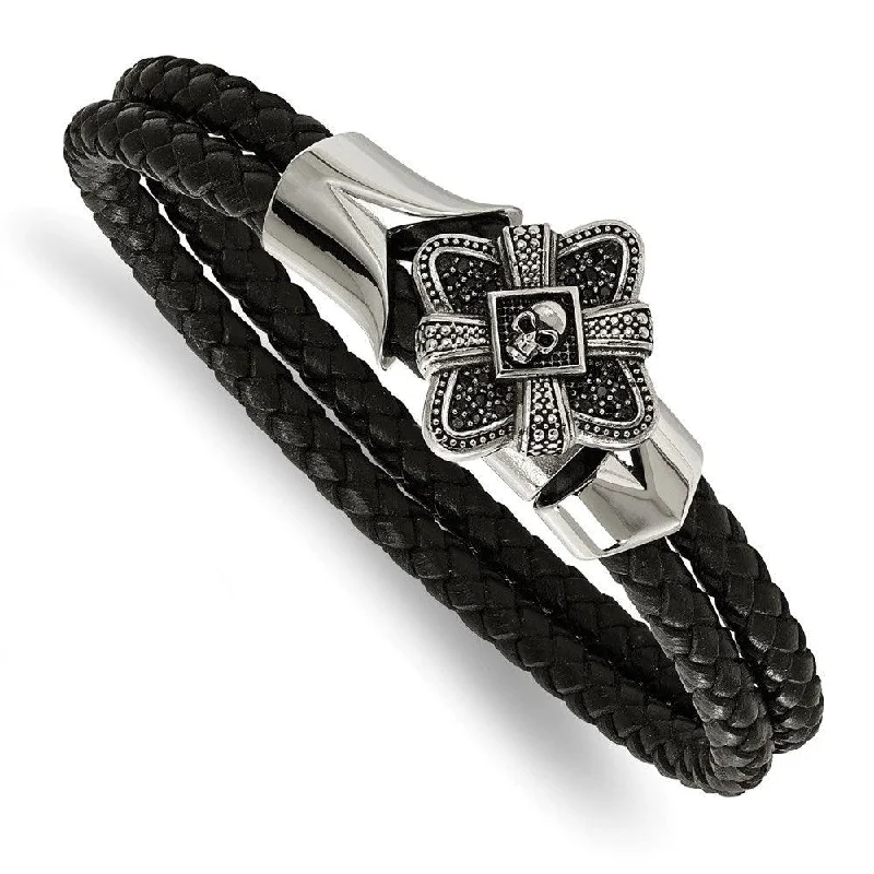 ladies bracelets top rated-Stainless Steel Polished and Antiqued Leather Bracelet