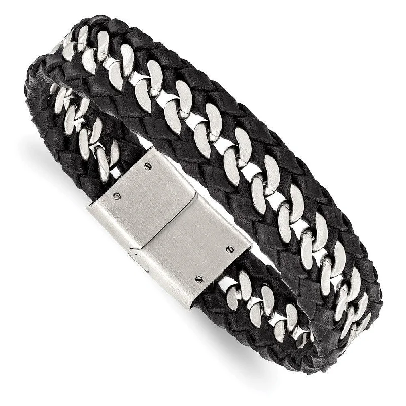 ladies bracelets symbolic-Stainless Steel Brushed Black Leather Bracelet