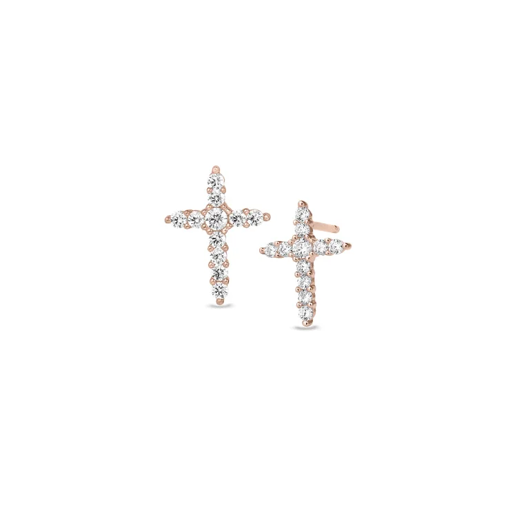 Ladies earrings 1990s minimalist -Rose Gold Finish Sterling Silver Cross Earrings with Simulated Diamonds