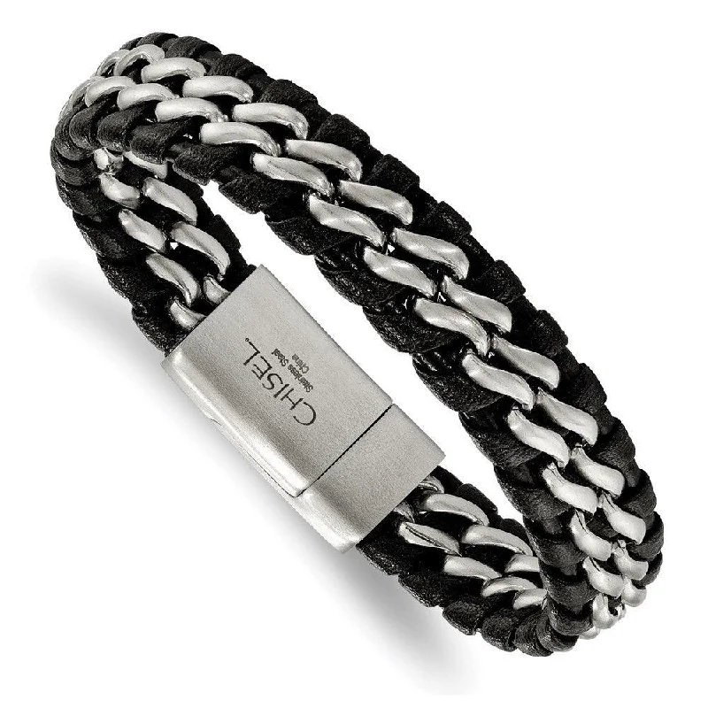 ladies bracelets gemstone-Stainless Steel Brushed Black Leather Bracelet