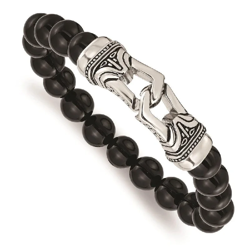 ladies bracelets hypoallergenic-Stainless Steel Polished Antiqued Black Agate Stretch Bracelet