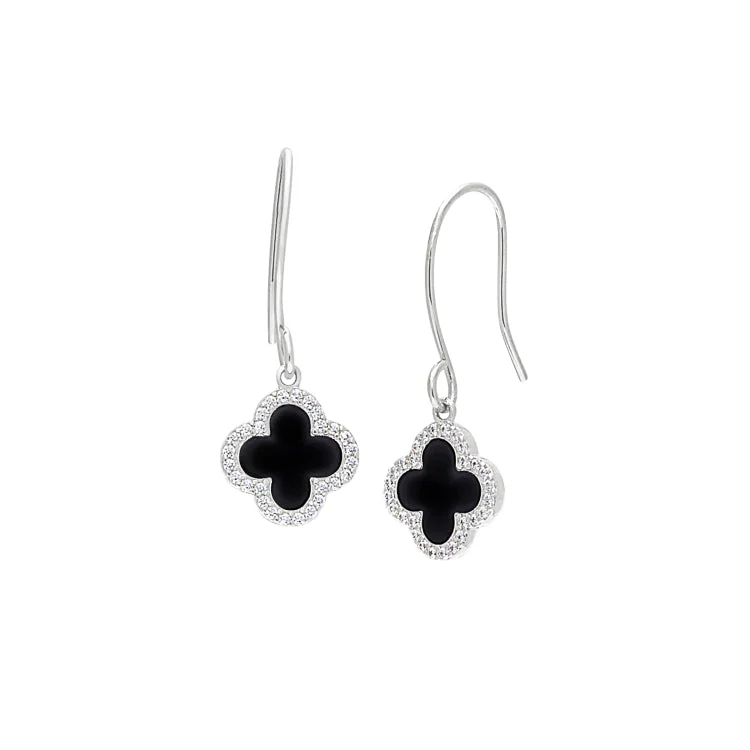 Ladies earrings black and white -Platinum Finish Sterling Silver Micropave Black Enamel Clover Earrings with Simulated Diamonds