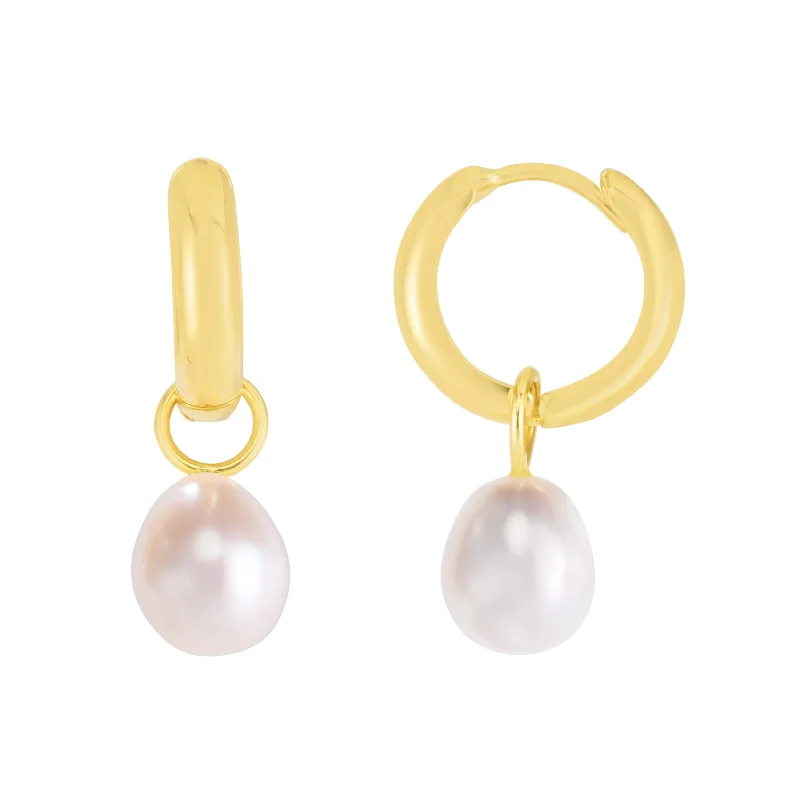 Ladies earrings pageant accessory -14K Pearl Drop Huggie Earrings