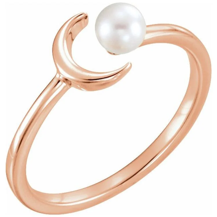 Ladies rings ethnic style -14K Rose Cultured White Freshwater Pearl Crescent Moon Ring