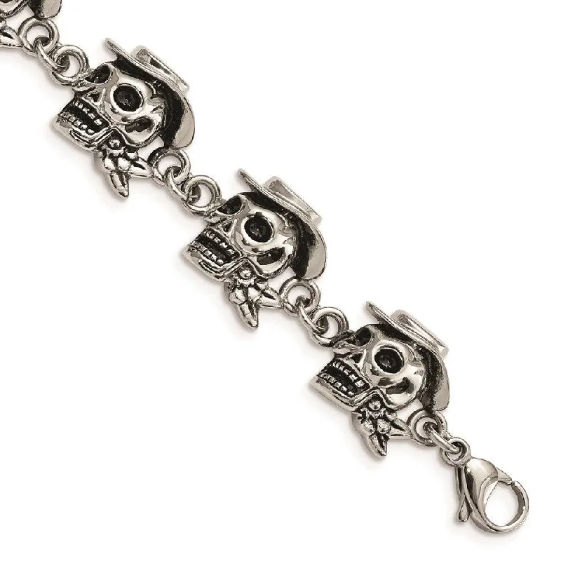 ladies bracelets premium-Stainless Steel Antiqued Pirates w/Hat 8.5in Bracelet