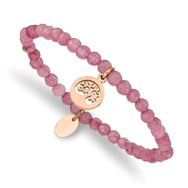 ladies bracelets round-Stainless Steel Polished Rose IP Tree Pink Jade Beaded Stretch Bracelet