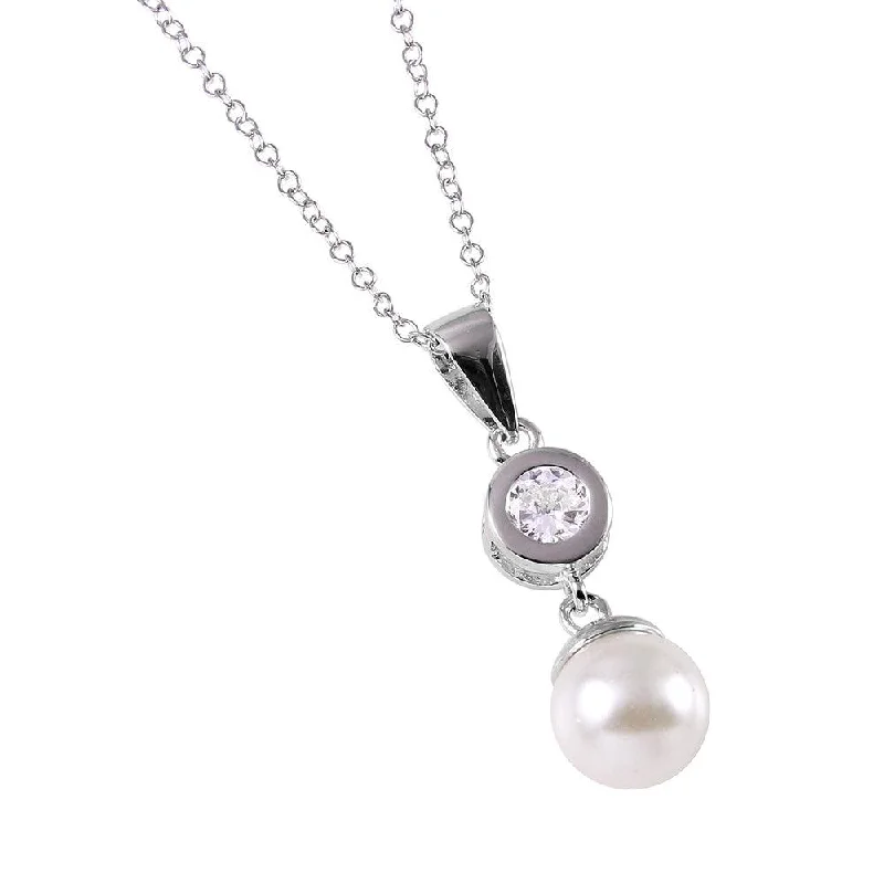 ladies necklaces top rated-Silver 925 CZ and Synthetic Pearl Drop Necklace - BGP00527