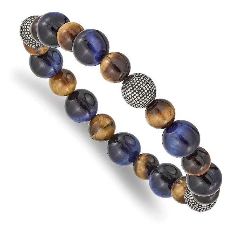 ladies bracelets geometric-Stainless Steel Antiqued & Polished Brown/Blue Tiger's Eye Stretch Bracelet