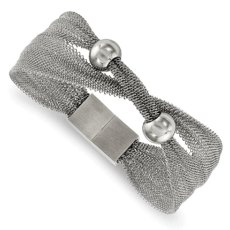 ladies bracelets reward-Stainless Steel Polished Bead Mesh 7in Bracelet