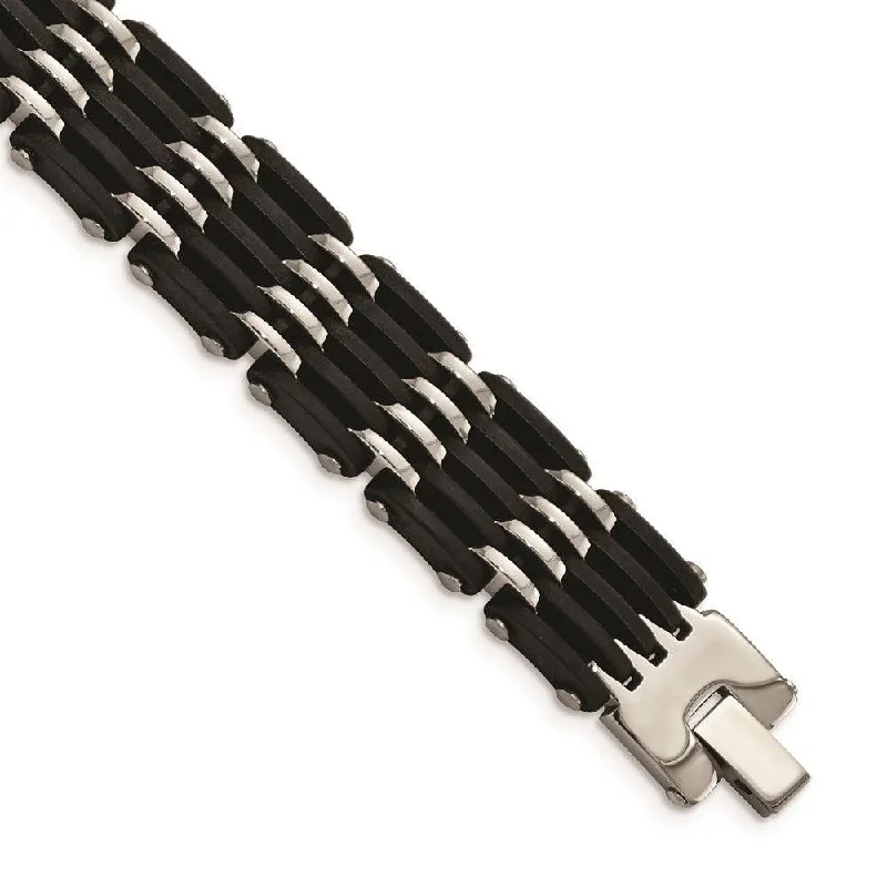 ladies bracelets high quality-Stainless Steel Polished Black Rubber Bracelet