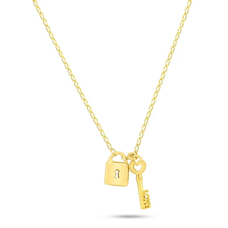 ladies necklaces recycled-Gold Plated 925 Sterling Silver Love Key and Lock Necklace - ECN00070GP