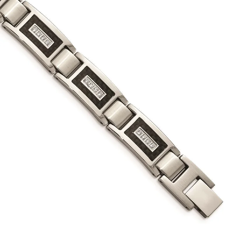 ladies bracelets nature-Stainless Steel Brushed & Polished w/CZ Black Carbon Fiber Inlay Bracelet