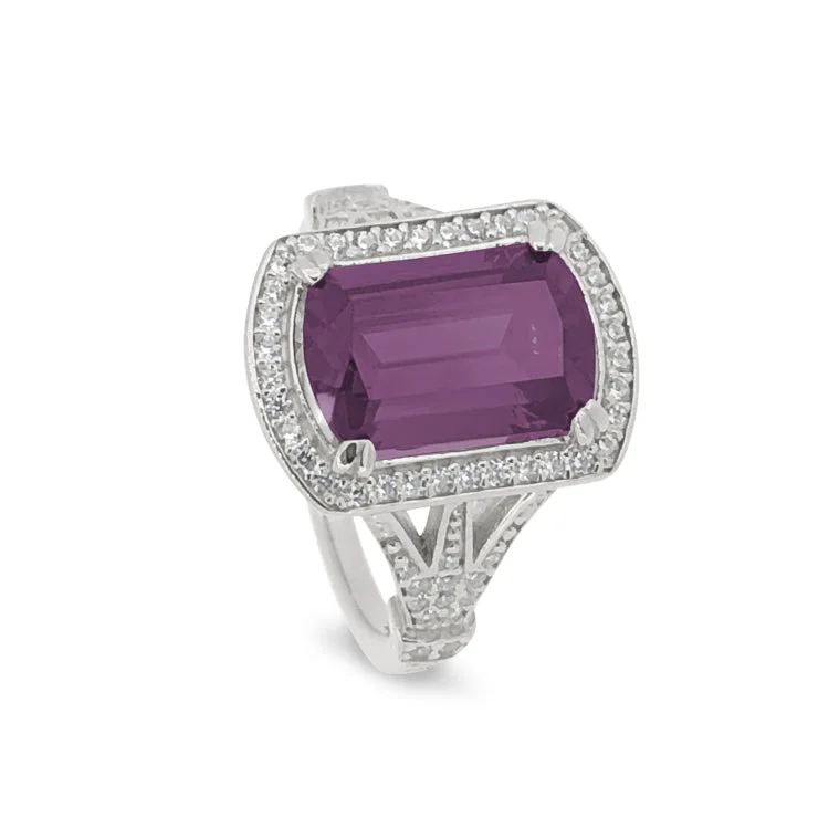 Ladies rings promise band -Platinum Finish Sterling Silver Micropave Emerald Cut Pink Stone Ring with Simulated Diamongs