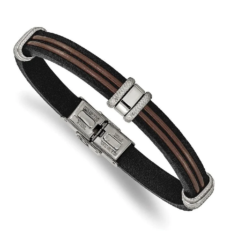 ladies bracelets patterned-Stainless Steel Polished Black and Brown Leather 8.25in Bracelet