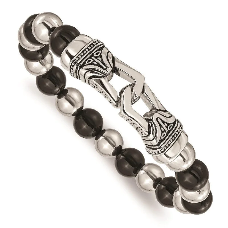 ladies bracelets tarnish free-Stainless Steel Polished Antiqued Black Agate Stretch Bracelet