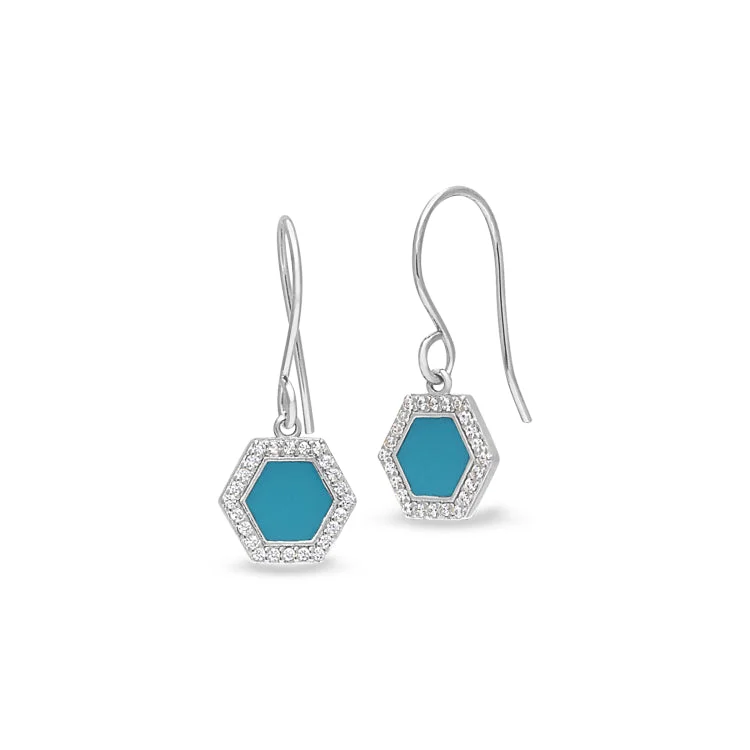 Ladies earrings bold statement -Platinum Finish Sterling Silver Micropave Turquoise Enamel Hexagon Drop Earrings with Simulated Diamonds