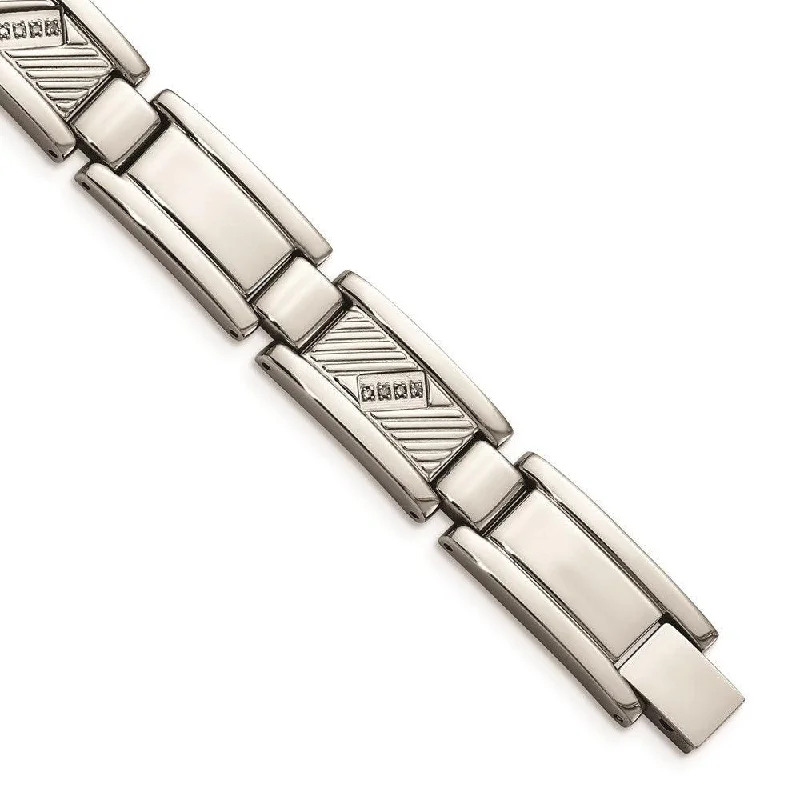 ladies bracelets birthday-Stainless Steel Textured & Polished w/Diamonds 8.5in Bracelet