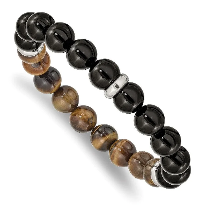 ladies bracelets charm-Stainless Steel Polished Black Agate and Tiger's Eye Stretch Bracelet