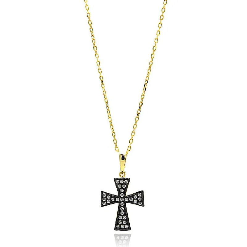 ladies necklaces designs-Silver 925 Gold Plated Black and Clear Cross CZ Necklace - BGP00631