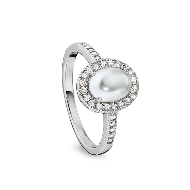 Ladies rings fourth of july -Platinum Finish Sterling Silver Micropave Cabochon Cut Pearl Ring with Simulated Diamonds