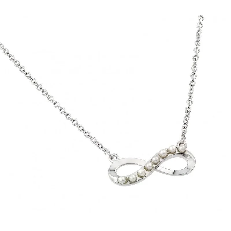 ladies necklaces styles-Silver 925 Rhodium Plated Infinity with Pearls Pendant Necklace - BGP00898WHT