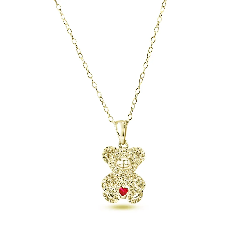 ladies necklaces personalized-Gold Plated 925 Sterling Silver Bear Heart Red and Clear CZ Pendant Necklace - STP01858GP