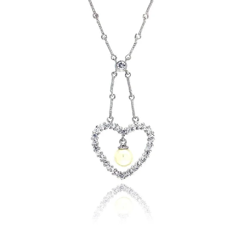 ladies necklaces anniversary-Clearance-Silver 925 Clear CZ Rhodium Plated Pearl Heart Pendant Necklace - BGP00026