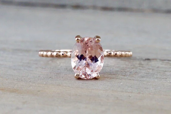 Ladies engagement rings 1990s minimalist -9x7mm 14k Rose Gold Elongated Oval Cut Pink Peach Morganite Prong Engagement Promise Ring Rope