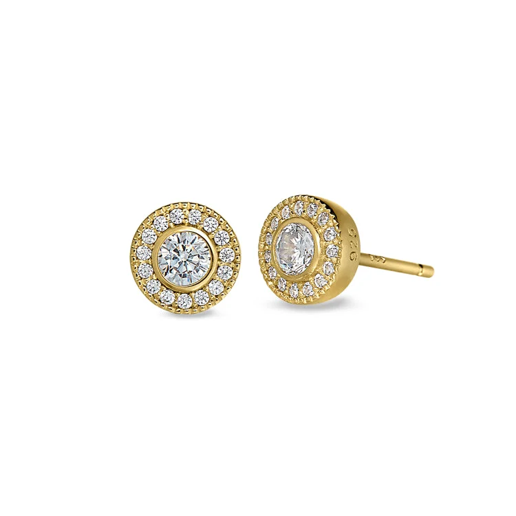 Ladies earrings baptism style -Gold Finish Sterling Silver Micropave Round Simulated Diamond Earrings with Simulated Diamonds