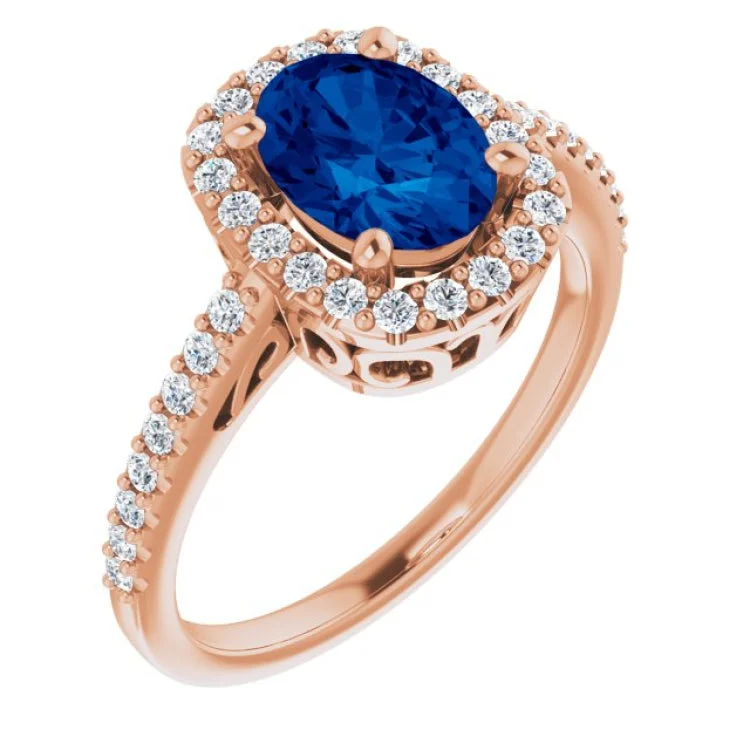 Ladies rings pineapple accent -14K Rose Lab-Grown Blue Sapphire & 1/3 CTW Natural Diamond Ring